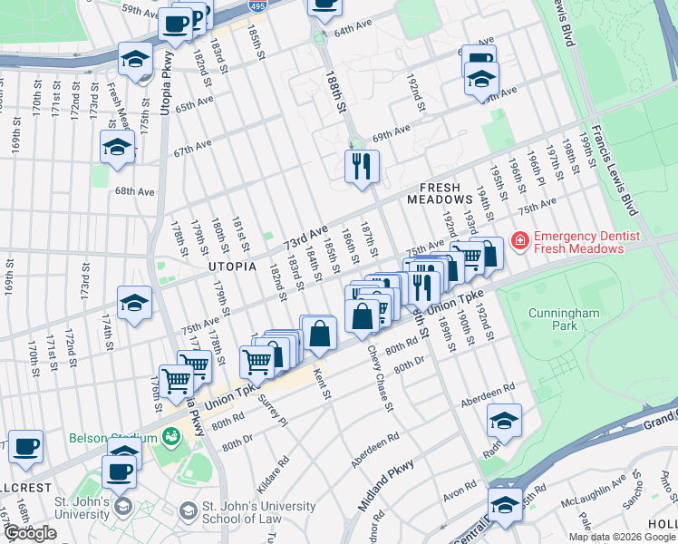 map of restaurants, bars, coffee shops, grocery stores, and more near 73-47 185th Street in Queens
