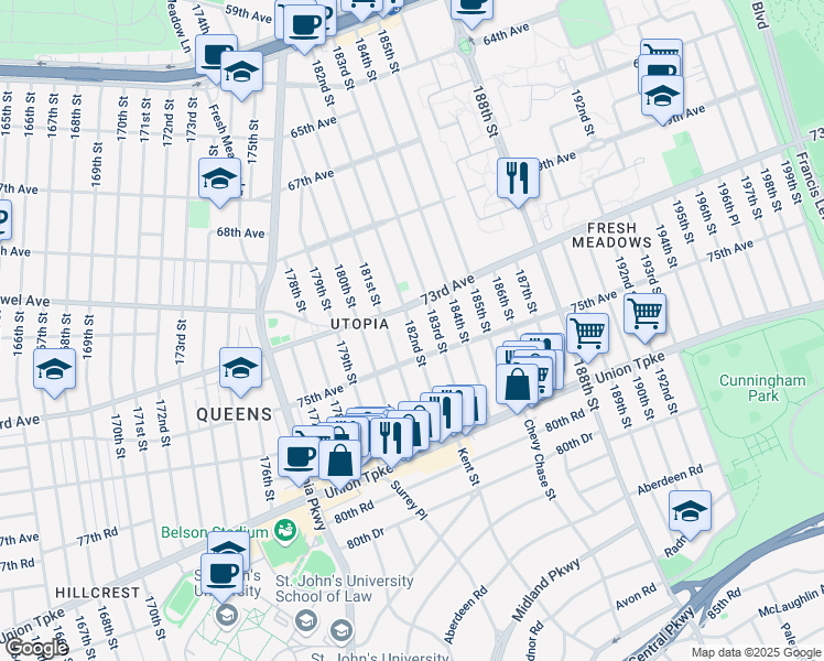 map of restaurants, bars, coffee shops, grocery stores, and more near 5 182nd Street in Queens