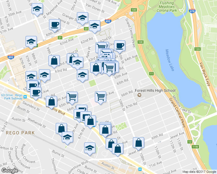 map of restaurants, bars, coffee shops, grocery stores, and more near 105-39 65th Road in Queens