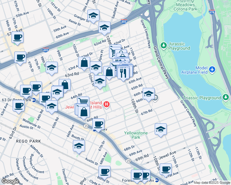 map of restaurants, bars, coffee shops, grocery stores, and more near in Queens