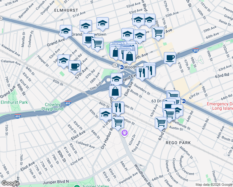 map of restaurants, bars, coffee shops, grocery stores, and more near 60-37 Wetherole Street in Queens
