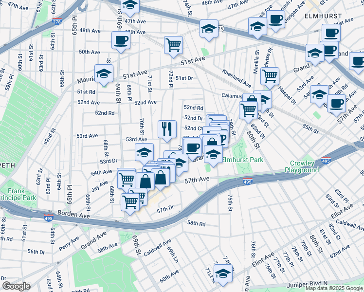map of restaurants, bars, coffee shops, grocery stores, and more near 73-14 53rd Avenue in Queens