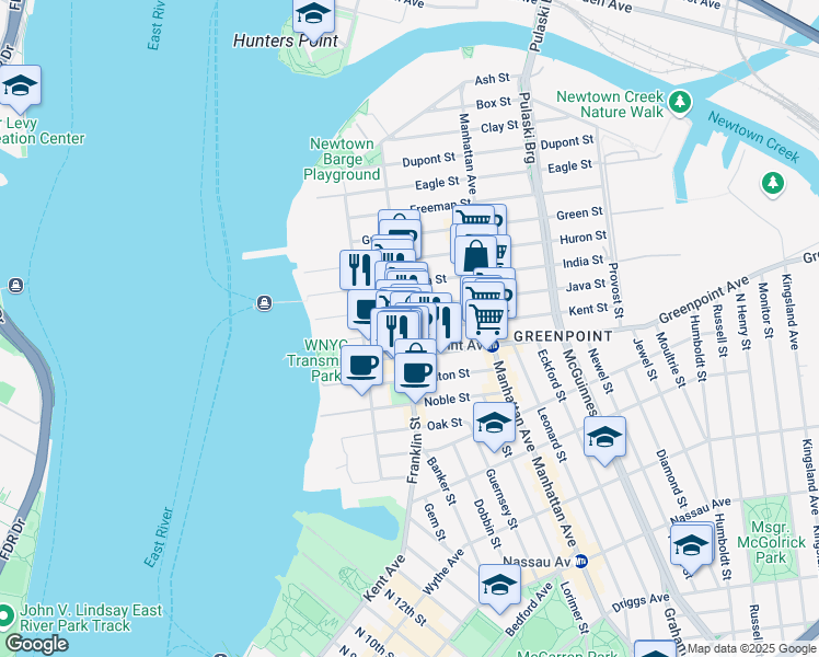 map of restaurants, bars, coffee shops, grocery stores, and more near 170 Franklin Street in Brooklyn