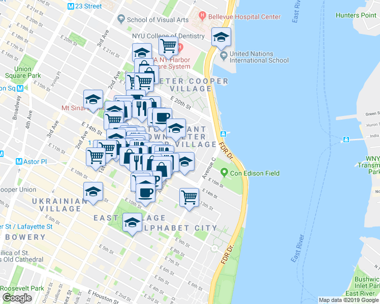 map of restaurants, bars, coffee shops, grocery stores, and more near 4 Stuyvesant Oval in New York