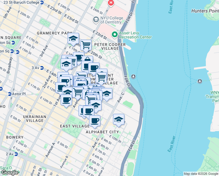map of restaurants, bars, coffee shops, grocery stores, and more near 4 Stuyvesant Oval in New York