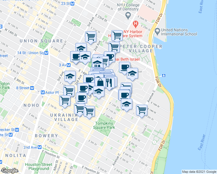 map of restaurants, bars, coffee shops, grocery stores, and more near 419 East 14th Street in New York