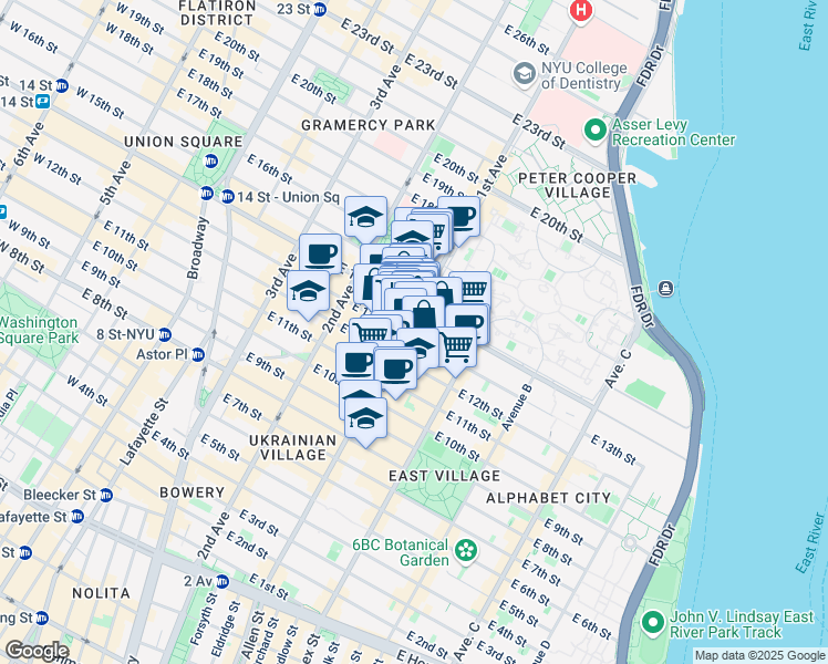 map of restaurants, bars, coffee shops, grocery stores, and more near 351 East 12th Street in New York