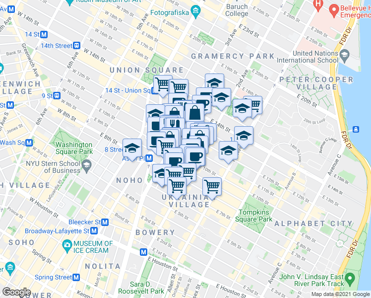 map of restaurants, bars, coffee shops, grocery stores, and more near 225 East 11th Street in New York