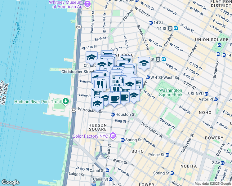 map of restaurants, bars, coffee shops, grocery stores, and more near 51 Morton Street in New York