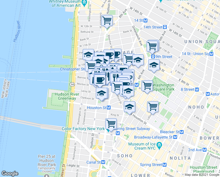 map of restaurants, bars, coffee shops, grocery stores, and more near 51 Morton Street in New York