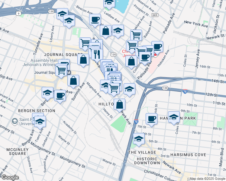 map of restaurants, bars, coffee shops, grocery stores, and more near in Jersey City