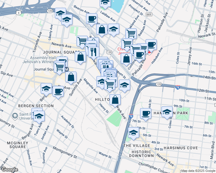 map of restaurants, bars, coffee shops, grocery stores, and more near in Jersey City