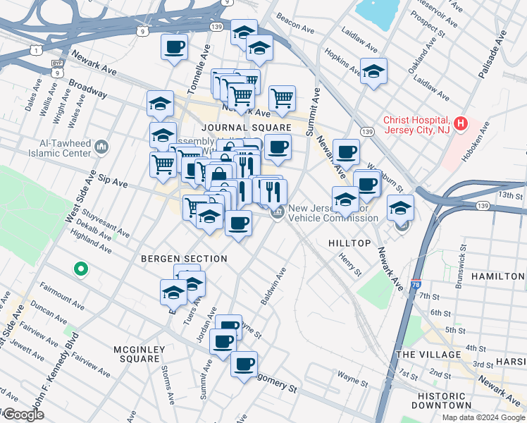 map of restaurants, bars, coffee shops, grocery stores, and more near 72 Sip Avenue in Jersey City