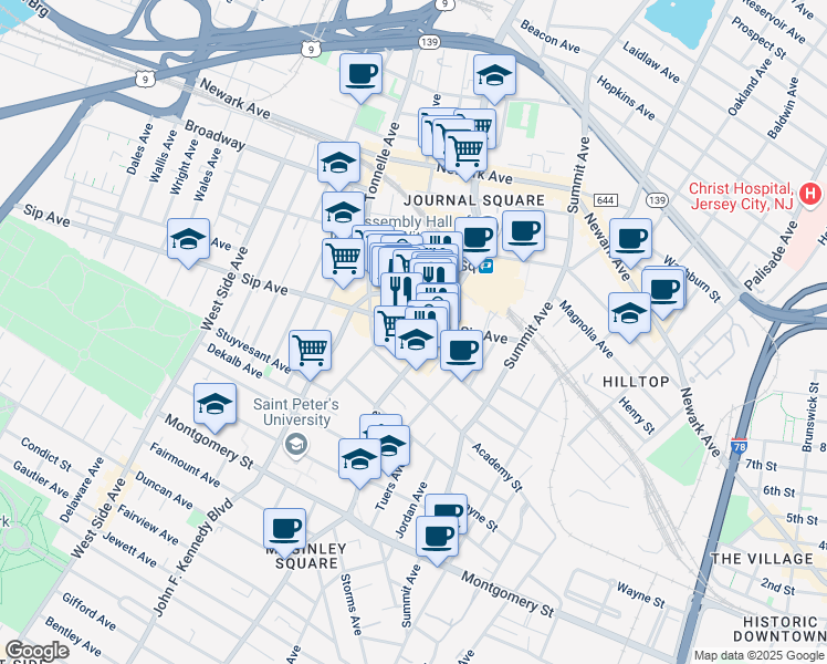 map of restaurants, bars, coffee shops, grocery stores, and more near 140 Sip Avenue in Jersey City