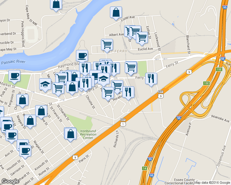 map of restaurants, bars, coffee shops, grocery stores, and more near 30 Cortland Street in Newark