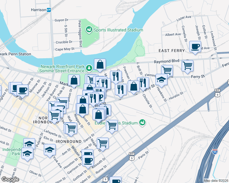map of restaurants, bars, coffee shops, grocery stores, and more near 39 Fleming Avenue in Newark