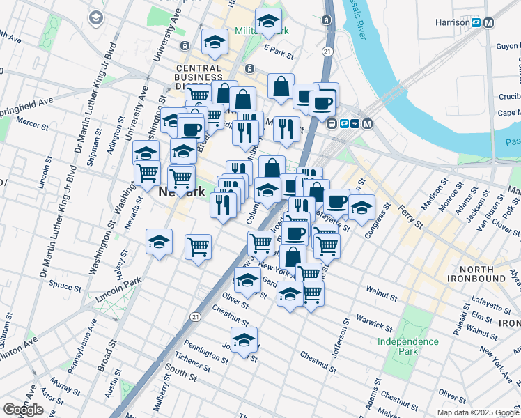 map of restaurants, bars, coffee shops, grocery stores, and more near 102 Green Street in Newark