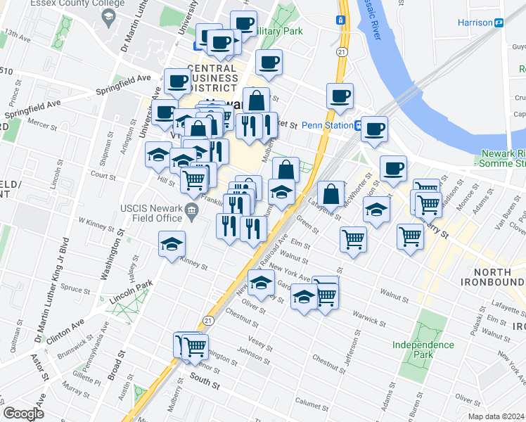 map of restaurants, bars, coffee shops, grocery stores, and more near 59 Columbia Street in Newark