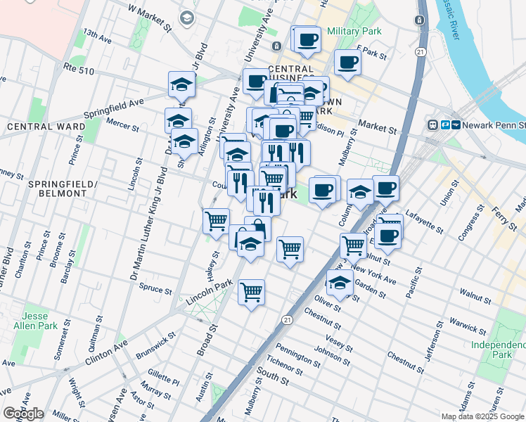 map of restaurants, bars, coffee shops, grocery stores, and more near in Newark
