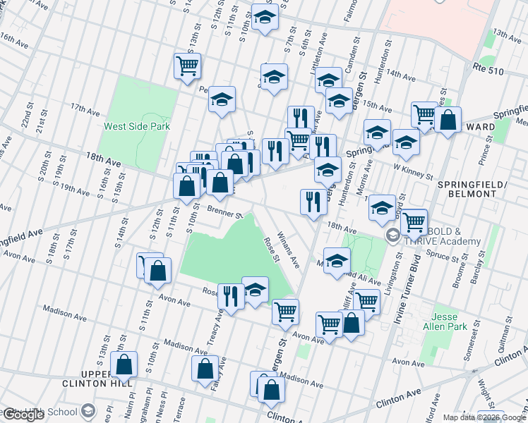 map of restaurants, bars, coffee shops, grocery stores, and more near 398 18th Avenue in Newark