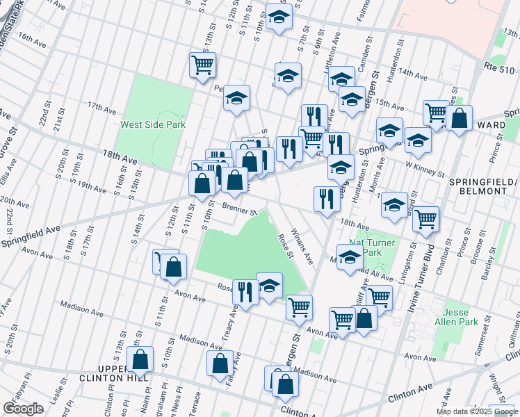 map of restaurants, bars, coffee shops, grocery stores, and more near 398 18th Avenue in Newark