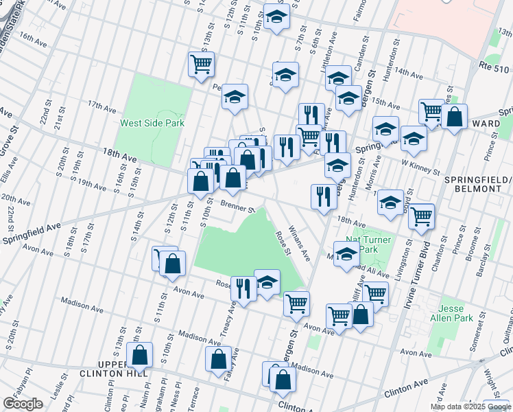 map of restaurants, bars, coffee shops, grocery stores, and more near 398 18th Avenue in Newark