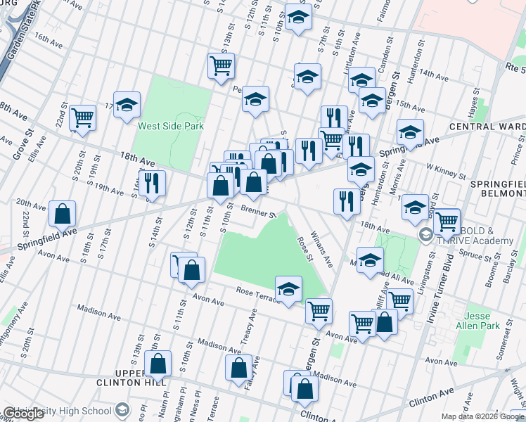 map of restaurants, bars, coffee shops, grocery stores, and more near 10 Kent Street in Newark