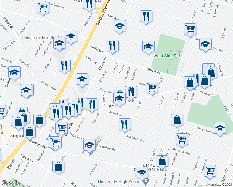 map of restaurants, bars, coffee shops, grocery stores, and more near 10 20th Avenue in Irvington