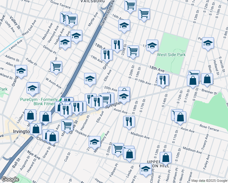 map of restaurants, bars, coffee shops, grocery stores, and more near 10 20th Avenue in Irvington