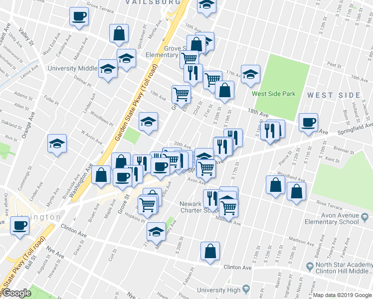 map of restaurants, bars, coffee shops, grocery stores, and more near 10 20th Avenue in Irvington