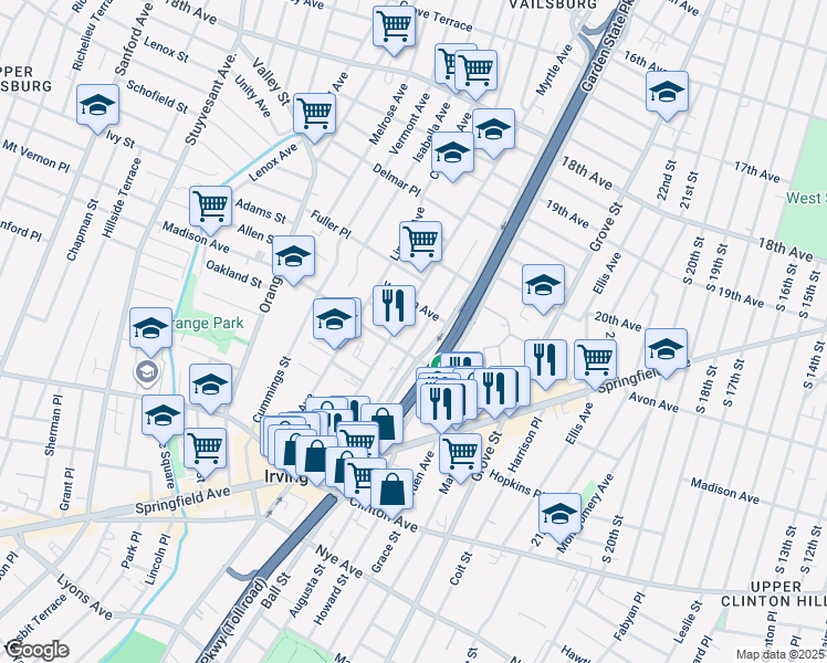 map of restaurants, bars, coffee shops, grocery stores, and more near 150 Myrtle Avenue in Irvington