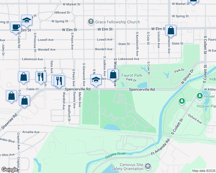 map of restaurants, bars, coffee shops, grocery stores, and more near 835 South Judkins Avenue in Lima