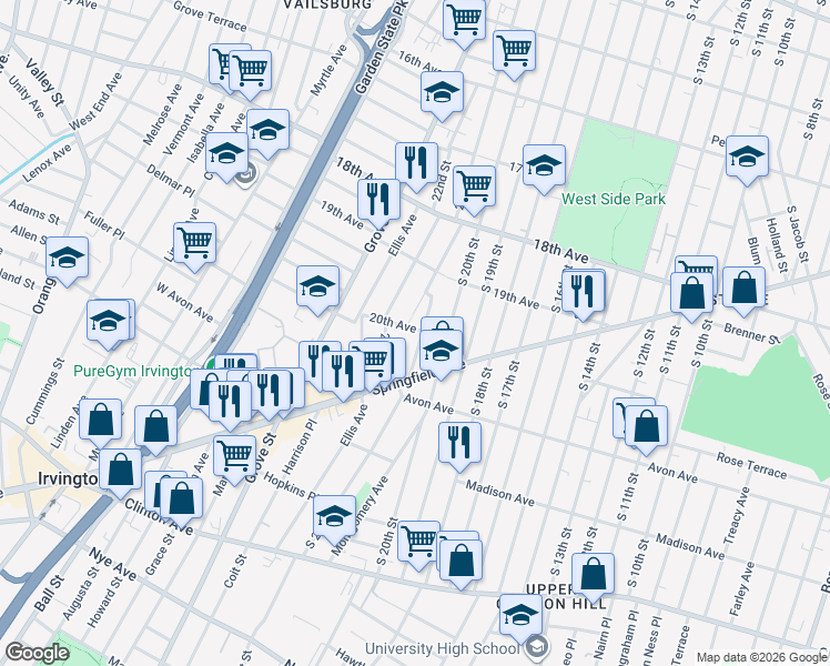 map of restaurants, bars, coffee shops, grocery stores, and more near 377 21st Street in Irvington