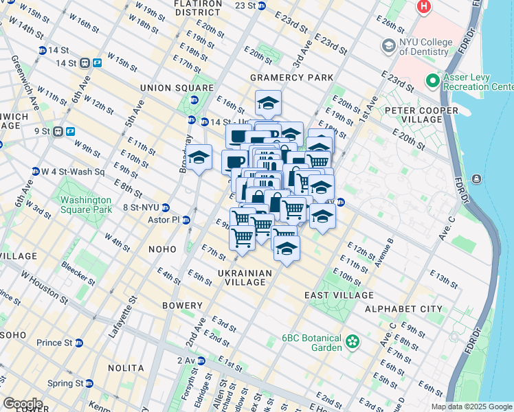 map of restaurants, bars, coffee shops, grocery stores, and more near 189 2nd Avenue in New York