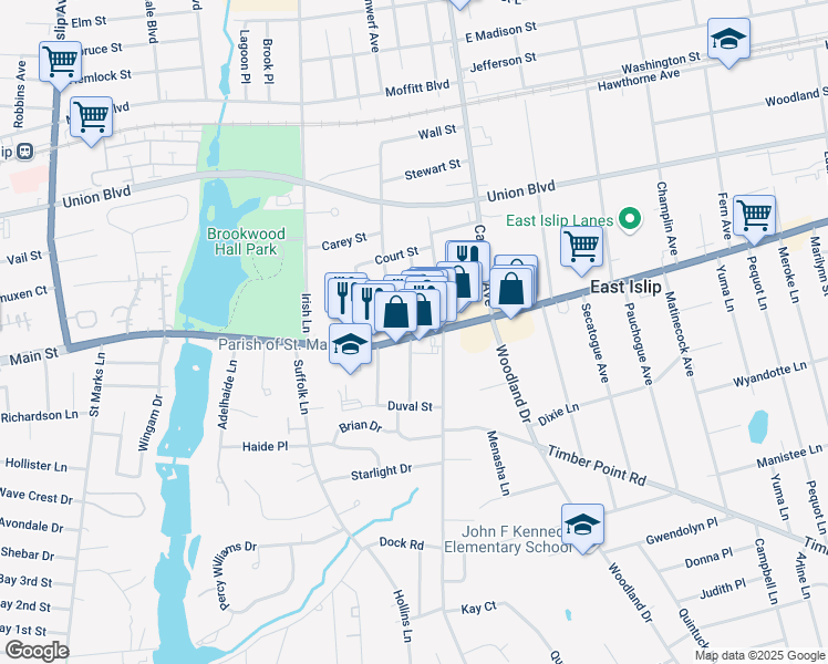 map of restaurants, bars, coffee shops, grocery stores, and more near 67 West Main Street in East Islip