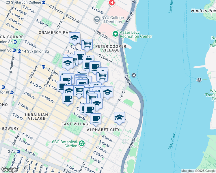 map of restaurants, bars, coffee shops, grocery stores, and more near 8 Stuyvesant Oval in New York