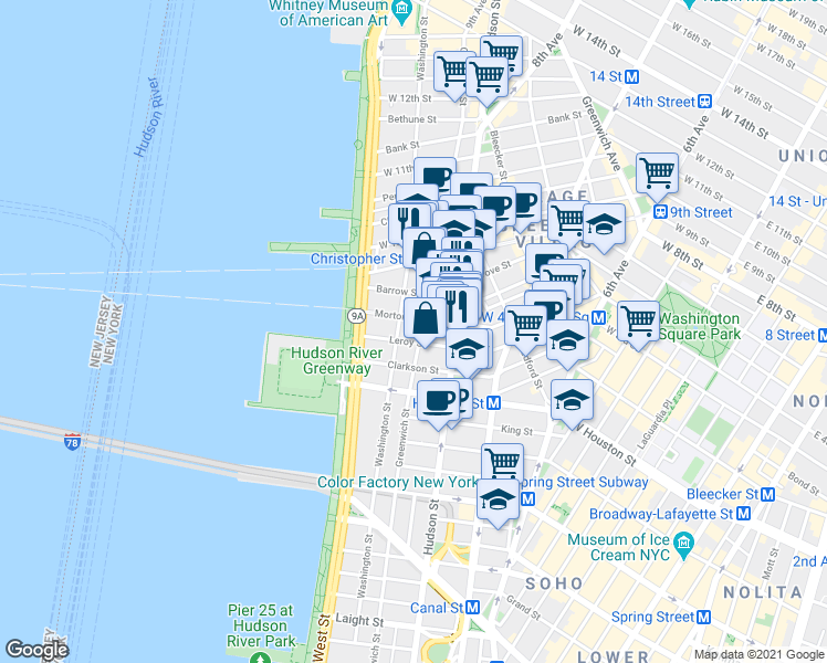 map of restaurants, bars, coffee shops, grocery stores, and more near 622 Greenwich Street in New York