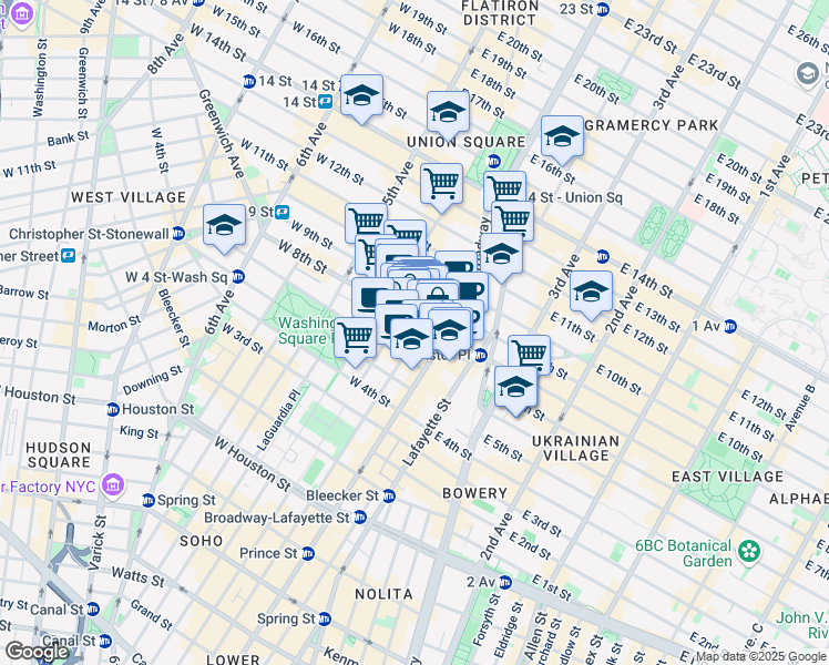 map of restaurants, bars, coffee shops, grocery stores, and more near 58 East 8th Street in New York