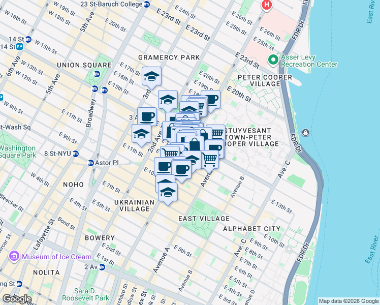 map of restaurants, bars, coffee shops, grocery stores, and more near 220 1st Avenue in New York