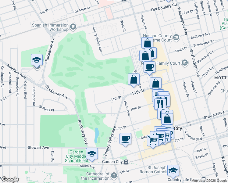 map of restaurants, bars, coffee shops, grocery stores, and more near 142 Cherry Valley Avenue in Garden City