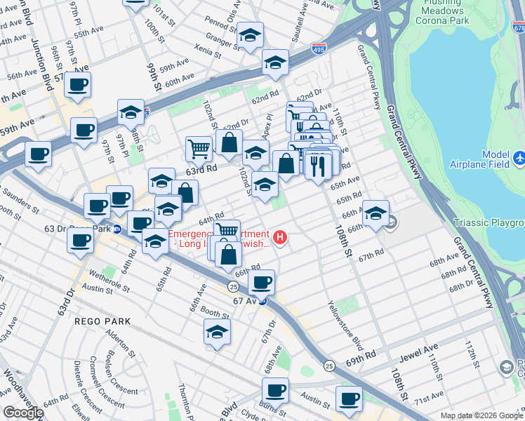 map of restaurants, bars, coffee shops, grocery stores, and more near 64-35 102nd Street in Queens