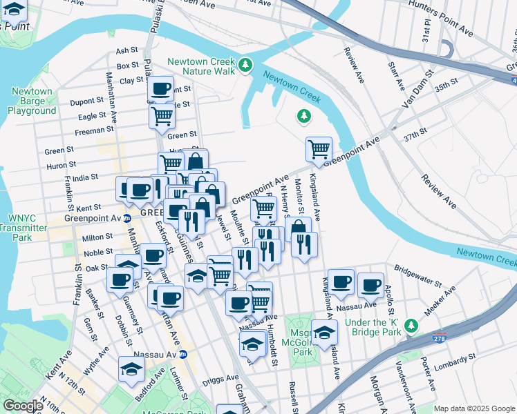 map of restaurants, bars, coffee shops, grocery stores, and more near 295 Russell Street in Brooklyn