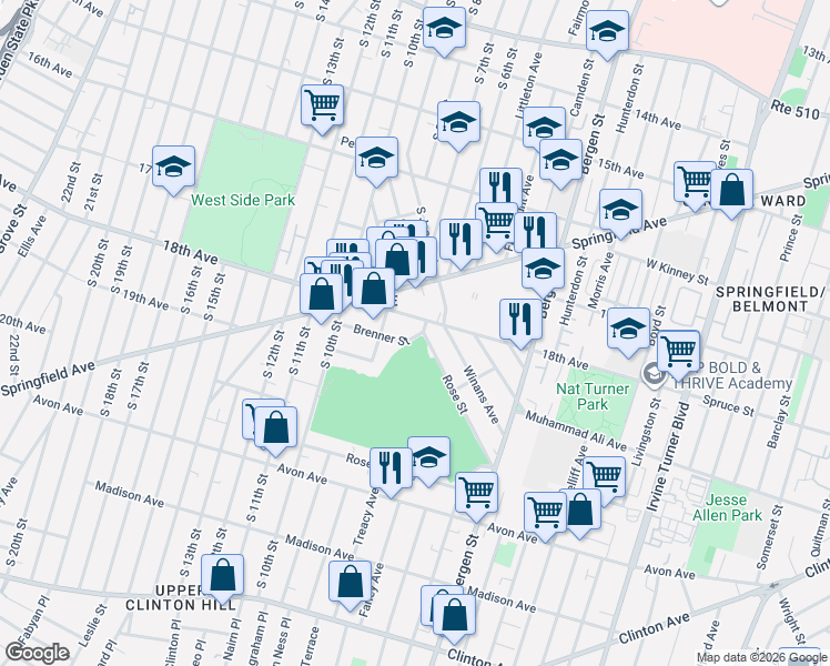 map of restaurants, bars, coffee shops, grocery stores, and more near 398 18th Avenue in Newark