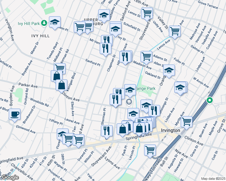 map of restaurants, bars, coffee shops, grocery stores, and more near 45 Newton Place in Irvington