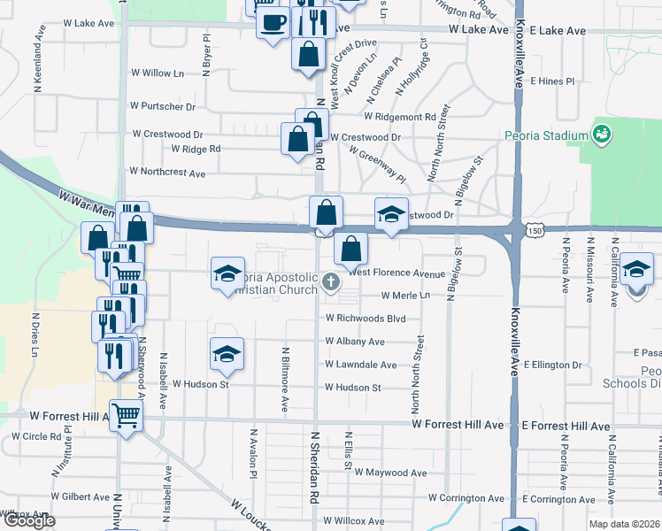 map of restaurants, bars, coffee shops, grocery stores, and more near 623 West Florence Avenue in Peoria