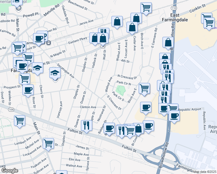 map of restaurants, bars, coffee shops, grocery stores, and more near 59 Walnut Avenue in Farmingdale