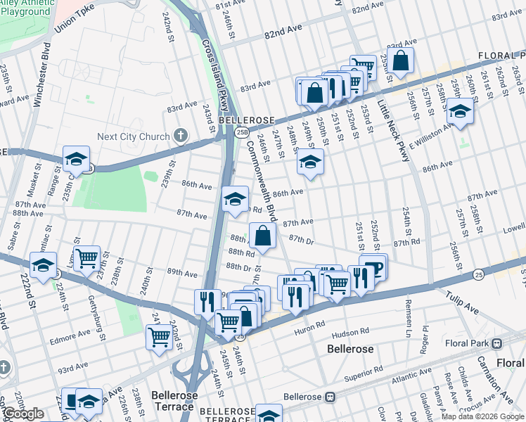 map of restaurants, bars, coffee shops, grocery stores, and more near 246-27 86th Road in Queens