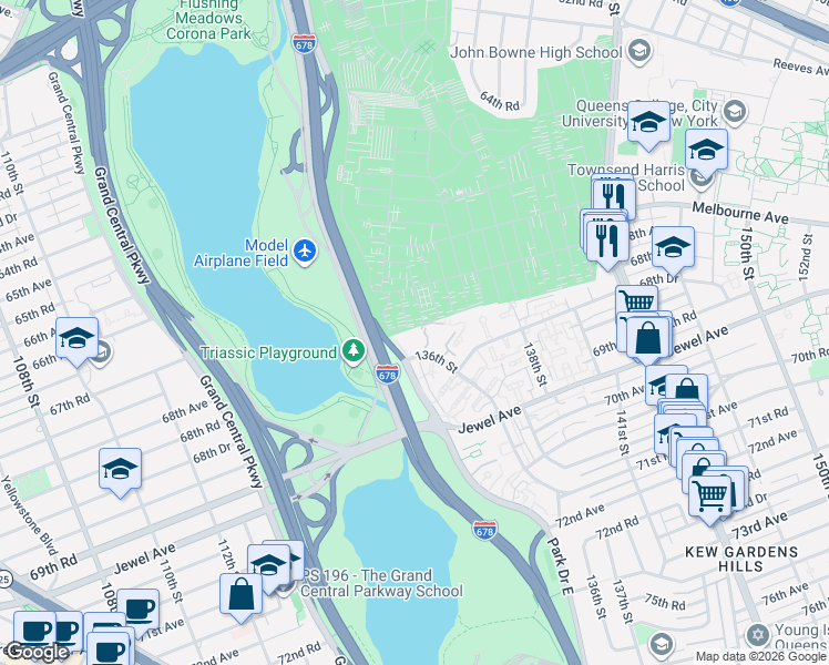 map of restaurants, bars, coffee shops, grocery stores, and more near 67-17 136th Street in Queens