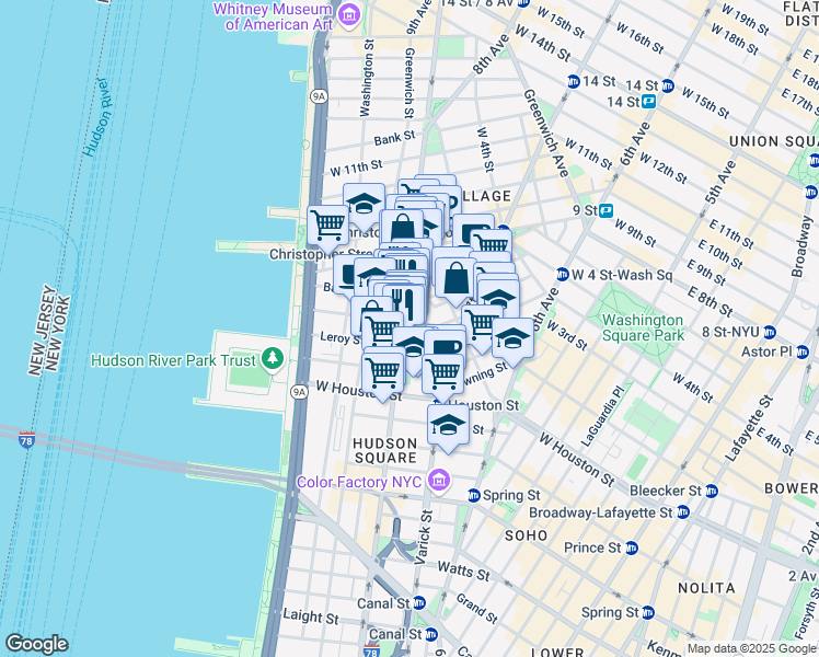 map of restaurants, bars, coffee shops, grocery stores, and more near in New York