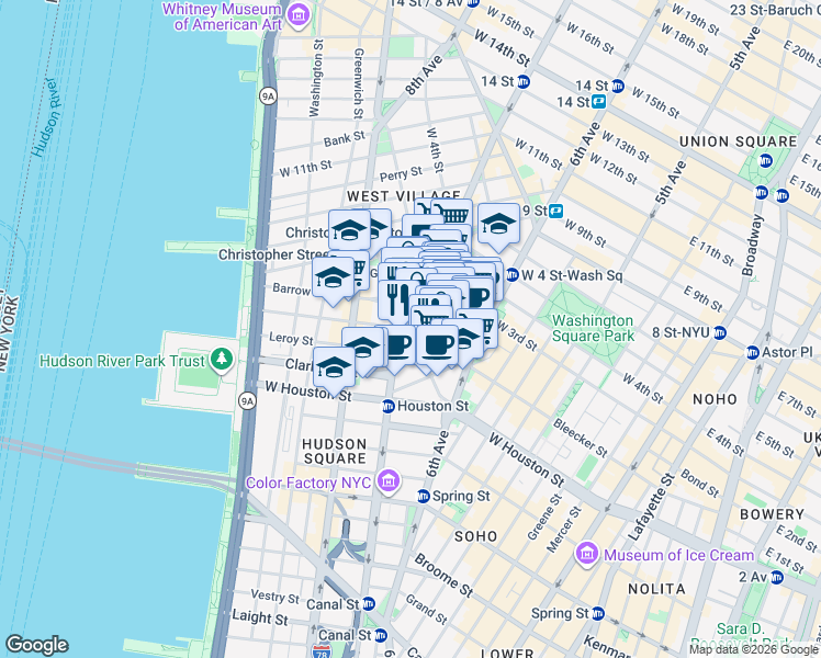 map of restaurants, bars, coffee shops, grocery stores, and more near Bedford Street in New York